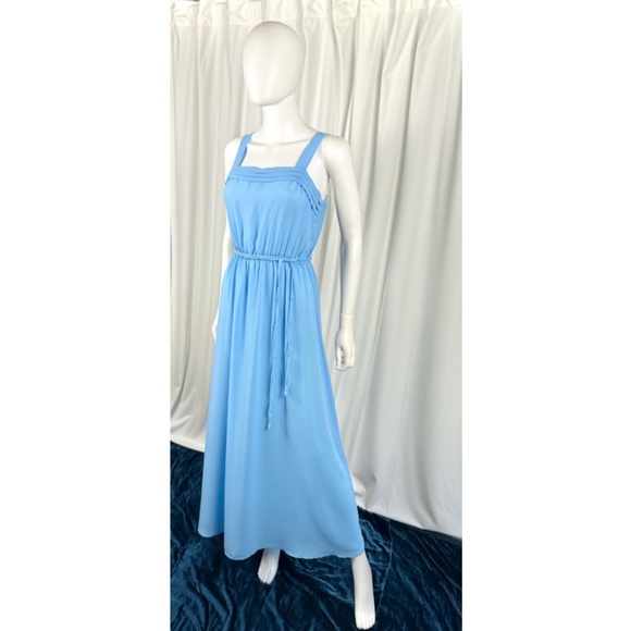 Vintage 1960’s Chiffon Belted Maxi Dress + Matching Floral Jacket in Blue • S/M - Picture 9 of 10